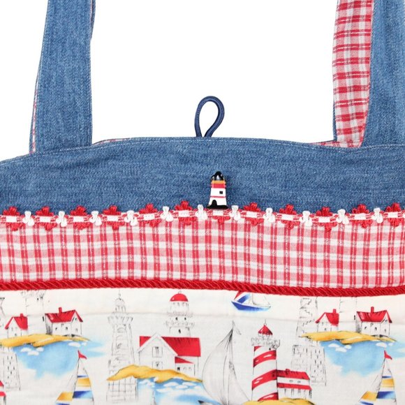 Handcrafted Handsewn Lighthouse Plaid Denim Embellished Lined Shoulder Purse Bag - Picture 9 of 16